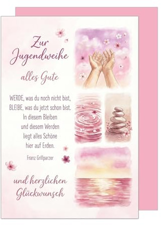 Edition Seidel Premium Glückwunschkarte zur Jugendweihe mit Umschlag. Jugendweihekarte Karte Grußkarte Spruch Sprüche Mädchen Junge Jugendliche Hände Steine Meer Blumen rosa Wünsche (JW154 SW026)