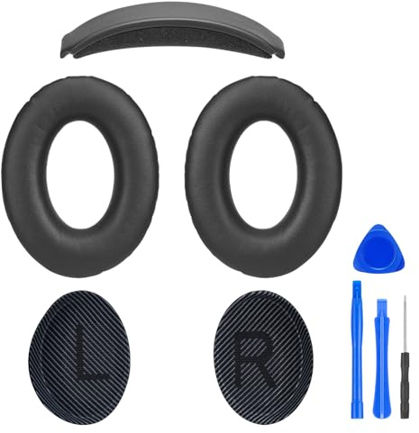 WADEO Ersatz Ohrpolster Ohrkissen für Kopfhörer Bose QuietComfort 35 II / QC35 ii / QC35 ii Gaming, Around-Ear Kopfhörer Ohrpolster mit Kopfbügel, aus Memory-Schaumstoff und Leder (schwarz)