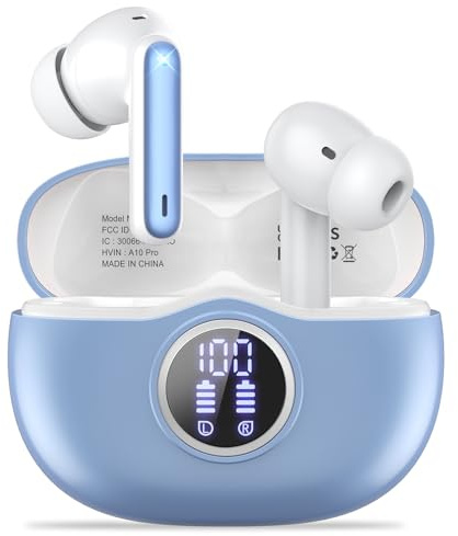 Fhumsh A10 Pro Wireless Earbuds, Bluetooth 5.3 Headphones HiFi Stereo 50H Playback LED Digital Display Ear Buds with ENC Noise Canceling Headset, IPX7 Waterproof Earphones for Running, Light purple