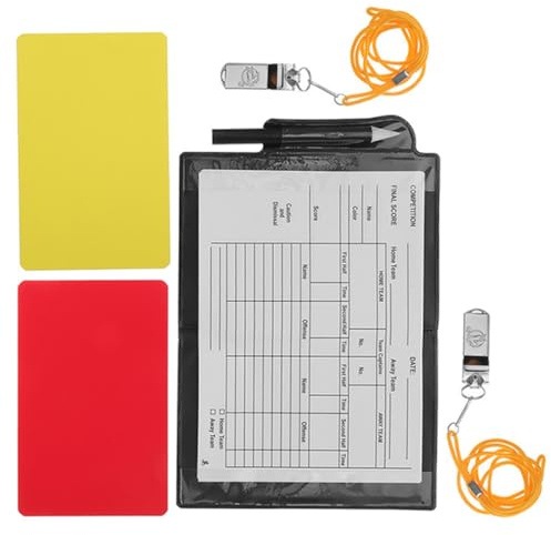 HAKIDZEL Juego de Tarjetas de Árbitro Multifunción para Fútbol 6 Piezas con Silbatos Metálicos, Bolígrafo, Bloc de Notas y Funda Plegable, Accesorio Profesional para Árbitros y Registro