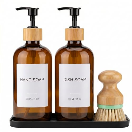 Hand & Dish Soap Dispenser with Dish Brush, Washing Up Liquid Dispenser Set 600ml/21oz, PET Plastic Bottle with Bamboo Pump, Silicone Tray & 8 Waterproof Labels for Kitchen Sink (Amber)