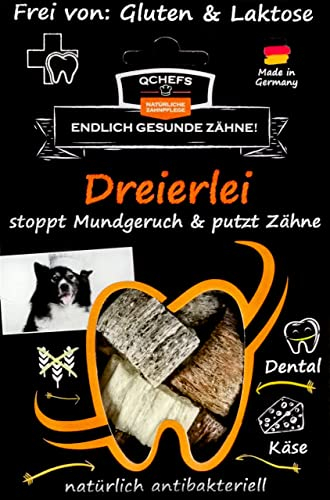 QCHEFS DREIERLEI Hundeleckerli bei Mundgeruch, Zahnfleischentzündung als Zahnsteinentferner durch natürlich antibakterielle Zahnpflege ohne Dentalspray, Zahnbürste oder Zahnpasta