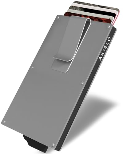 AKIELO Kartenetui mit RFID Schutz, Geldklammer und Geschenkbox – Minimalistische Geldbörse Herren – Kompakte Wallet und Kontaktloser Kreditkartenschutz (Alpha - Silberne Ausgabe mit Geldklammer)
