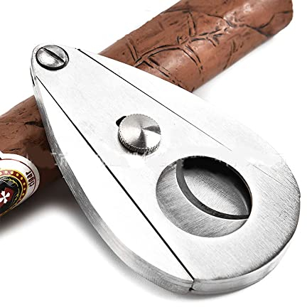 MINGZE Forma de gota de agua cortador de cigarro de acero inoxidable Super Sharp doble cuchillas Guillotina tijeras para la mayoría del tamaño de cigarros, caja de regalo de embalaje