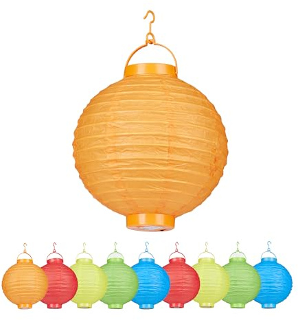 Relaxdays LED Lampions bunt, 10 Stück, batteriebetrieben, Draußen & Drinnen, zum Aufhängen, Papierlaterne Ø 20cm, farbig, 10024352, Mehrfarbig, 10er Pack