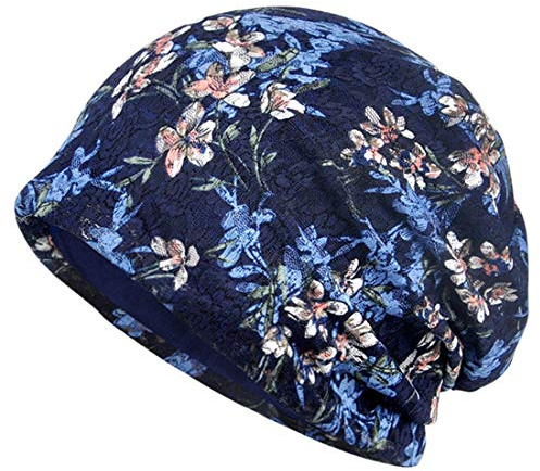 YONKOUNY Berreto Turbante per Chemioterapia Estivo Traspirante Pizzo Moda Slouchy Cappello Beanie Chemo Copricapo Cuffia da Notte in Cotone (Blu Reale)