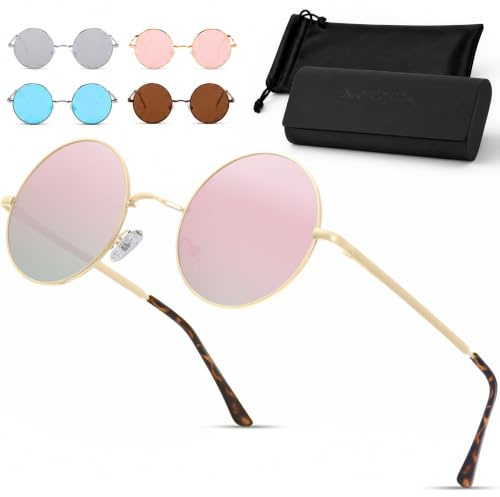 Netrox Runde Sonnenbrille im Retro-Stil | UV400-Schutz Linsen | Unisex Brille inkl. Etui und Microfaserbeutel | Vintage 70er Metallrahmen mit verspiegeltem Glas