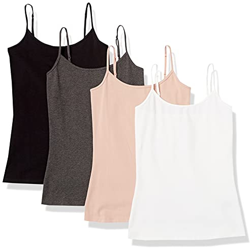 Amazon Essentials Camisola Ajustada para Mujer, Paquete de 4, Negro/carbón Jaspeado/Rosa Polvoriento/Blanco, Talla M