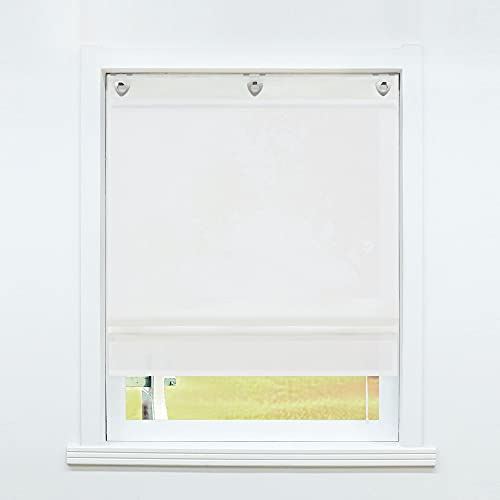 SCHOAL Raffrollo ohne Bohren Raffgardine Transparent mit Ösen Gardinen mit Haken Ösenrollo Leinen Vorhänge Uni Weiß BxH 80x140cm 1 Stück