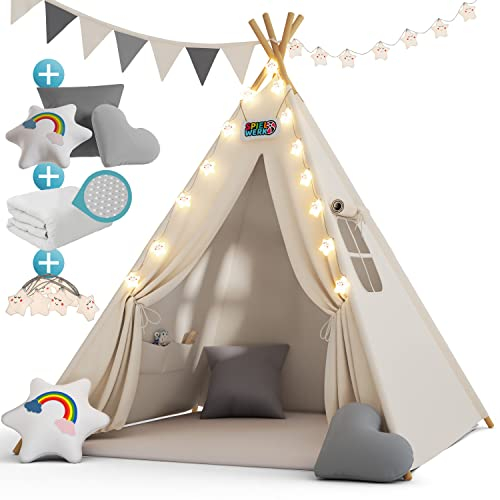 Spielwerk® Tipi Zelt für Kinder Indoor 130x130cm Set mit Bodenmatte Weiß Grau Kinderzelt Lichterkette Girlande Kissen Spielzelt Baumwolle Holz Tasche