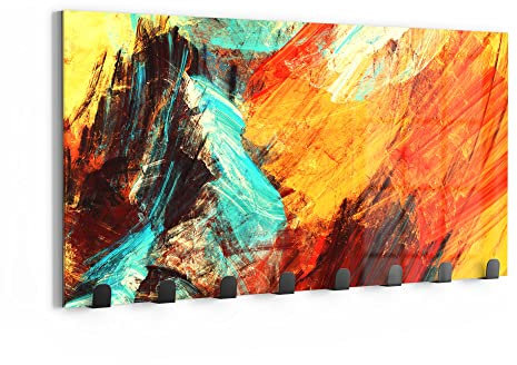 DEQORI Wandgarderobe Glas & Metall | Motiv Bunte Pinselstriche | 60x30 cm | Design Haken-Leiste modern | Garderoben-Paneel für Flur, Wohnzimmer & Schlafzimmer | magnetisch & beschreibbar