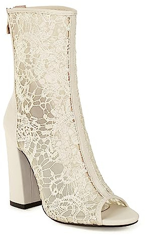 WOkismD Femmes Maille Peep Toe Bottines Talons épais Bottillons à Talons Bloc Talons Hauts Bottillons à Bout Ouvert avec Fermeture à glissière au Dos Chaussures habillées d'été Sexy,Beige,36