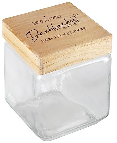 Herz & Heim® Vorratsglas mit Holzdeckel inkl. individuellem Aufdruck Dankbarkeit, 11 cm x 11 cm x 14,5 cm (B/T/H)