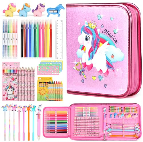 Hot Bee Einhorn Federmäppchen, Spielzeug ab 3-7 Jahre Mädchen, Filzstifte Glitzerstifte, Mädchen Geschenke 3-7 Jahre, Bastelset Kinder 3-6 Jahre