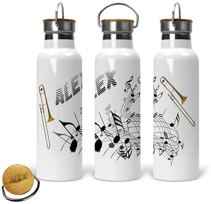 Personalisierte Edelstahl Thermosflasche Posaune und graviertem Bambusdeckel - Trinkflasche mit Namen für Musiker als Geschenk - auslaufsicher - 500 ml oder 750 ml - für heiße und kalte Getränke