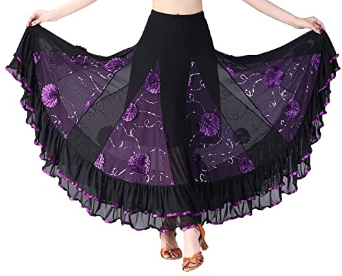 Gonna da danza da donna, con flamenco, gonna lunga, maxi gonna a pieghe, tango latino, valzer, danza del ventre, ballo, gonna a dondolo, viola., M