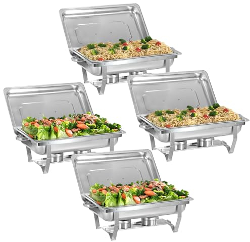 EVGTTI 9L Chafing Dish Buffet Set 4 Packs Stainless Steel Foldable Rectangular Chafer Full Size w/Water Pan, Food Pan, Fuel Holder and Lid