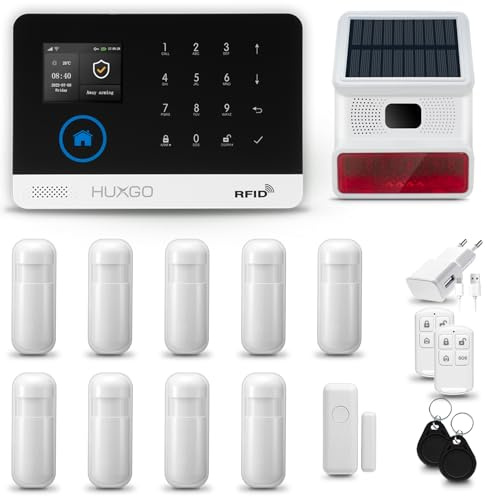 HUXGO® HXA003 Alarmanlage Haus WiFi + GSM 4G mit Funk Sirene Solar | Tuya Smartlife App | Alarm System mit Fenstersensor, 9X Bewegungssensoren | Alarmanlage Wohnung, Garage | Smart Home Security