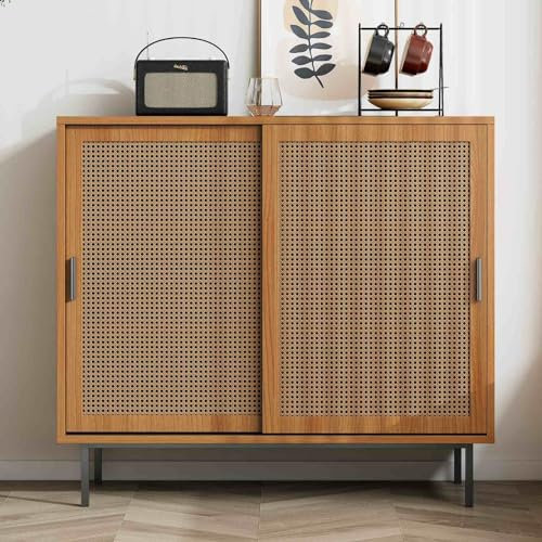 KOMHTOM Sideboard Rattan-Anrichte mit Zwei Türen, Aufbewahrungsschrank mit verstellbaren Trennwänden Mehrzweckschrank für Wohnzimmer Schlafzimmer Küche (B)