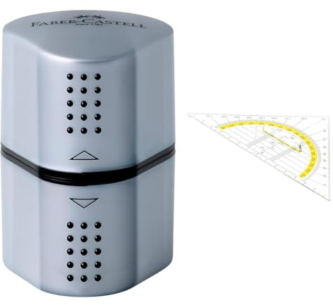 Faber-Castell 183800 - Dosenspitzer Grip 2001, 3in1, Anspitzer mit Behälter für Blei- und Buntstifte & TSI Geodreieck mit Griff, 16 cm, transparent, Art. 46318