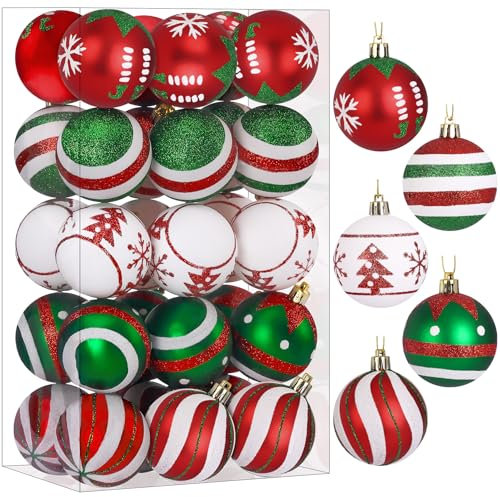 SHareconn Weihnachtskugeln Set in 5 Typen, 30 Christbaumkugeln, 6cm Bruchsicher Weihnachtsornamente Bälle für Weihnachtsbaumschmuck, Tolle Dekorationen für Weihnachtsfeiern, Elegant Rot Und Grün Weiß