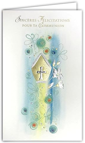 19-623 Roliga gratulationskort för din gemenskap guld och silver med ett vitt kuvert i formatet 19,5 x 12 cm för pojke, flicka kommuniant(e) - katolskt kristet kors, Mitre biskop Blommor