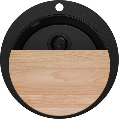 PRIMAGRAN Lavello Rotondo al Mobile 50cm + Kit di scarico, 53x53cm | Set: Kit di scarico (sifone, piletta, troppopieno) + Tagliere + Lavandino in GRanito a 1 Vasca - Pise, Tutto Nero