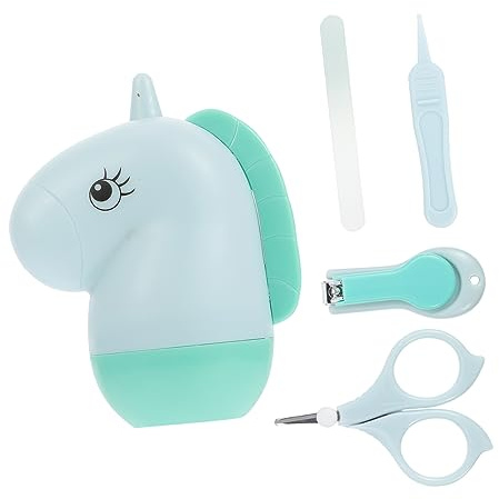 4 Stück Babynagelpflegeset mit Nagelknipser und Box | Grün, Abs Edelstahl Glas, Leichtes für Neugeborene, Kreative Form mit Cartoon Augen Zufälliger Stil