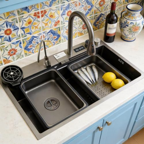KOOGIMDDR 80x50cm Lavello da cascata nero, Lavello Cucina 1 Vasca in Acciaio Inox, con Rubinetto Estraibile, Dispenser di Sapone, lavello da cucina multifunzione