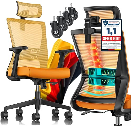 KESSER® Bürostuhl Ergonomisch mit verstellbaren Armlehnen | Drehstuhl mit Lendenwirbelstütze Rückenschonend | Schreibtischstuhl mit Kopfstütze | Office Chair Wippfunktion bis 125° mit 5X Gummirollen