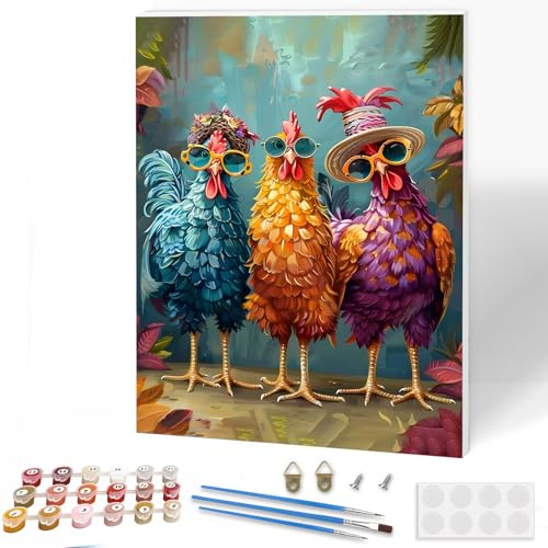 KEYIFA Chicken Paint by Numbers for Adults on Framed Canvas, Painting by Number Canvas Kits with Acrylic Paint Brushes, DIY Craft Oil Painting Art Kits for Adults, Home Wall Decor 30x40cm