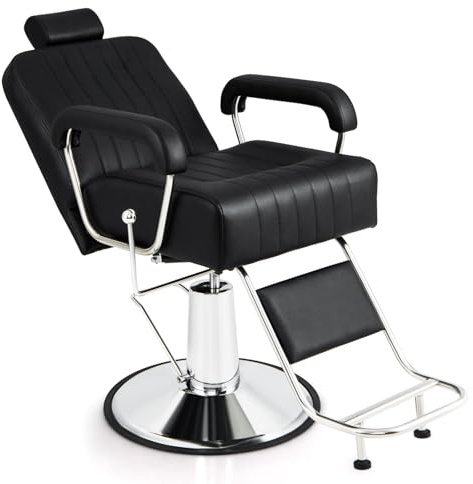 GOPLUS Friseurstuhl, Barberstuhl höhenverstellbar mit verstellbarem Sitz, Kopfstütze, Rücklehne, Friseursessel Barbersessel mit 360° Drehung, Fußstütze, Hydraulikpumpe, Bedienungsstuhl bis 150kg