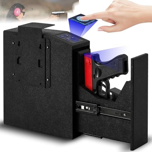 STWBHW Pistol Safe with Biometric Fingerprint,Recessed lamp Auto Sliding Door Hand Gun Safe,Mounted Gun Safe for Pistols,Quick Access Handgun Safe and Gun Lock Box, for Home, Bedside