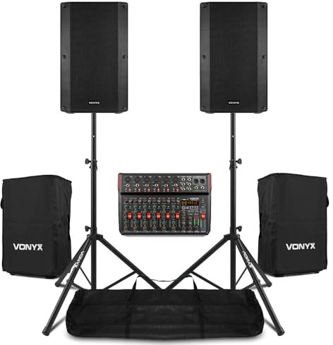 Vonyx 12 Active PA System for Vocalist, Complete Band Package with Mixer, Stands, Covers & XLR Cables, Ideal Live Sound Setup for Singers & Events