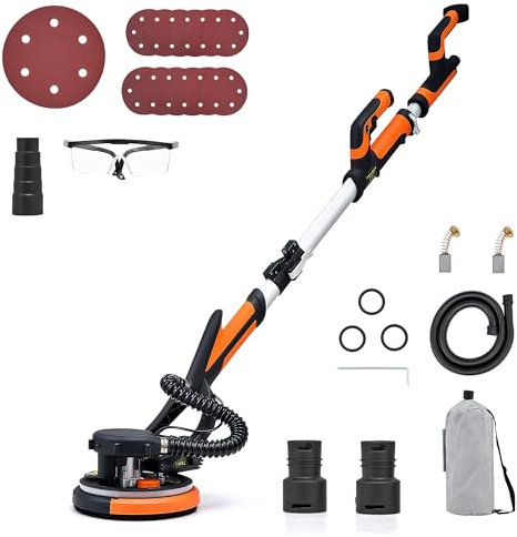 ZELCAN Drywall Sander, Electric Drywall Sander with Vacuum Auto Dust Collection, 7 Variable Speed 900-1800RPM Power Wall Sanding Machine with 12 Pcs Sanding Discs, LED Light, Extension Handle(850W)