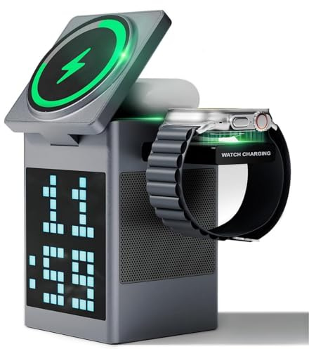 6-i-1 trådlös laddningsstation med Bluetooth-högtalare/väckarklocka/pixelskärm, 360° roterande magnetisk laddningshållare för iOS/Android telefon, klocka, stift