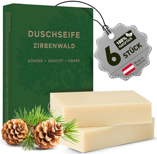 larum sports feste Duschseife Männer, Seife Stück, Zirbenwald, 6x 85g | Festes Shampoo, feste Seife, 3 in 1 Haare Körper Gesicht, Körperseife Männer, Naturseife, festes Duschgel Männer