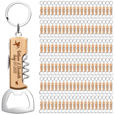 120 Pezzi Apri Bottiglie in Legno Personalizzato Multifunzionale, Regali Personalizzati per Matrimoni Feste di Compleanno, Portachiavi Apribottiglie Inciso per Ospiti