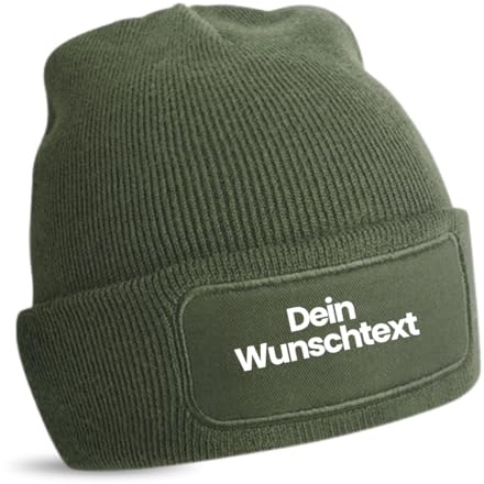FLOCKex* personalisierte Beanie Mütze Bedruckt mit Wunschtext | warme Soft-Touch Wintermütze aus doppellagigem Strick mit Twill-Patch | individueller Schutz vor Nässe und Kälte | Olive Green