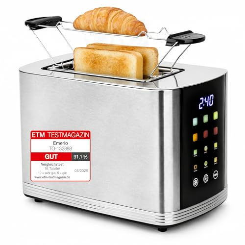 EMERIO TO-132888 Brödrost i rostfritt stål med stor färgskärm | Touch | 2 rostningsfack | Automatisk centrering | Smuluppsamlingslåda | Rivning/upptining/uppvärmning | 6