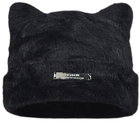 JhavexToy Winter Strickmütze Katze Ohr Mütze Cat Ear Beanie Hat Cute Cat Kitten Classic Beanie mit weiches Fleecefutter Hat Winter Knit Cable Hat for Women Girls - Schwarz