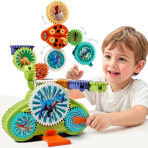 Meribbit Jeu d'Engrenages Éducatif Dinosaure Construction Montessori | Double mode manuel et électrique avec engrenages colorés et motifs de dinosaures. Développe la logique et la motricité fine.