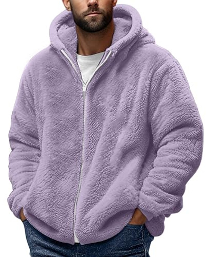 Veste d'hiver en polaire pour homme, parka d'hiver chaude, doublée avec capuche, manteau de transition avec poches, veste de travail, coupe droite, veste de sport pour l'automne et l'hiver, lilas, L