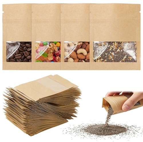 Ulluthu 100 PCS Sachet Kraft Alimentaire avec Fenetre, 7x9CM Sachet Kraft Zip Réutilisables Marron Sachets Krafts Alimentaire Petits Sachets de Graines en Papier Kraft pour Noix, Nourriture, Bonbons