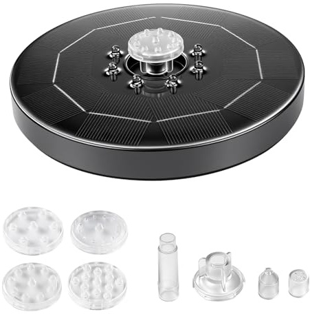 Nimomo Solar Springbrunnen für Außen, 3-W-Solar-Photovoltaik-Wasserpumpe mit Licht + 8 transparenten Düsen, 1500 mAh, Wh-Wert 5,55