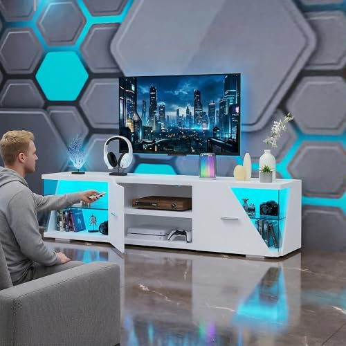 LED TV Schrank mit Beleuchtung LED TV-Ständer mit Aufbewahrung, Regal für Wohnzimmer Farben RGB Fernsehschrank für Wohnzimmer Schlafzimmer, Zoll Fernseher, Gehärtetes Glas Weiß, 150 x 35 x 39 cm