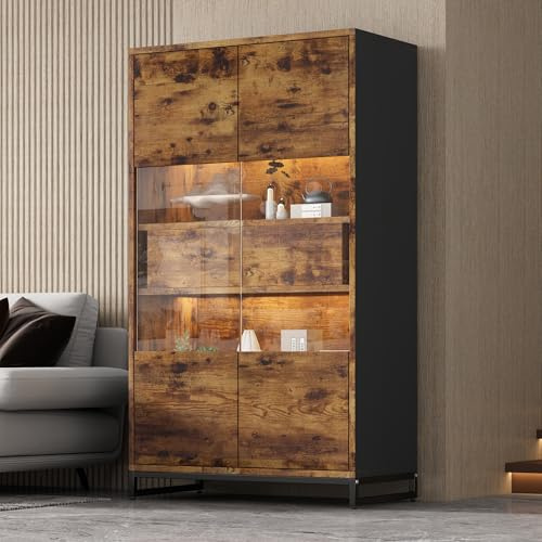 80 x 40 x 138 cm vitrinskåp med LED-belysning, stående vitrinskåp med 2 lådor, förvaringsskåp med akrylskärm, highboard, vinskåp, bokhyllor med gott om lagringsutrymme, svart träkorn