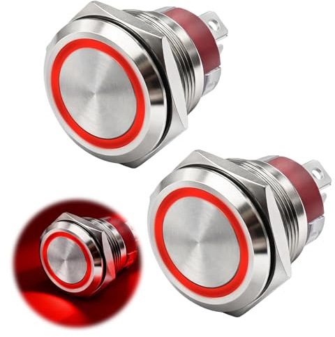 2PCS 19mmInterruptor Botón Pulsador Momentáneo IP67 Pulsador 12V/24V/250V AC con Anillo LED Rojo Pulsadores Eléctricos para Automóvil, Industria, Barcos y Paneles de Control