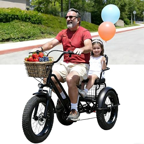 Dfdieratve Tricycle Électrique Familial - Pneus Gras 20, Moteur 500W, 30km Autonomie, Porte 200kg, Panier Double - Idéal pour Courses, Enfants et Tous Terrains