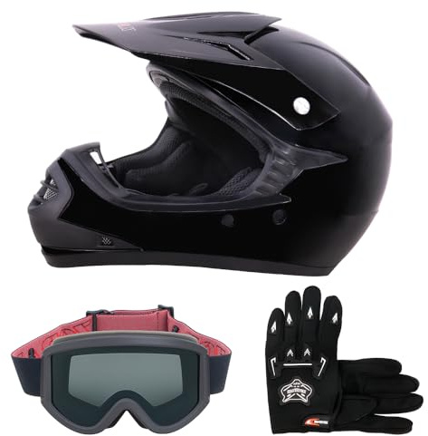 Zorax Black M (51-52cm) Youth Motocross Helmet & Gloves M(6cm) & Goggles for ATV Dirt Bike BMX Quad Off Road ECE Approved